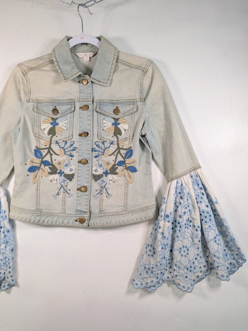 Boston Proper Denim Jacket XS Floral Embroidered Eyelet Bell Sleeve Boho